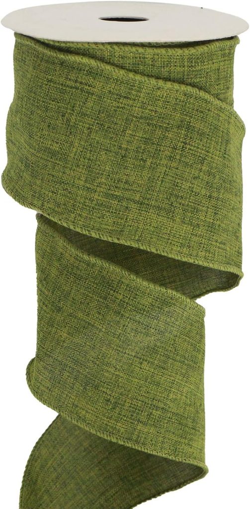 A roll of green textured fabric ribbon is shown unwound in a loose spiral against a white background.