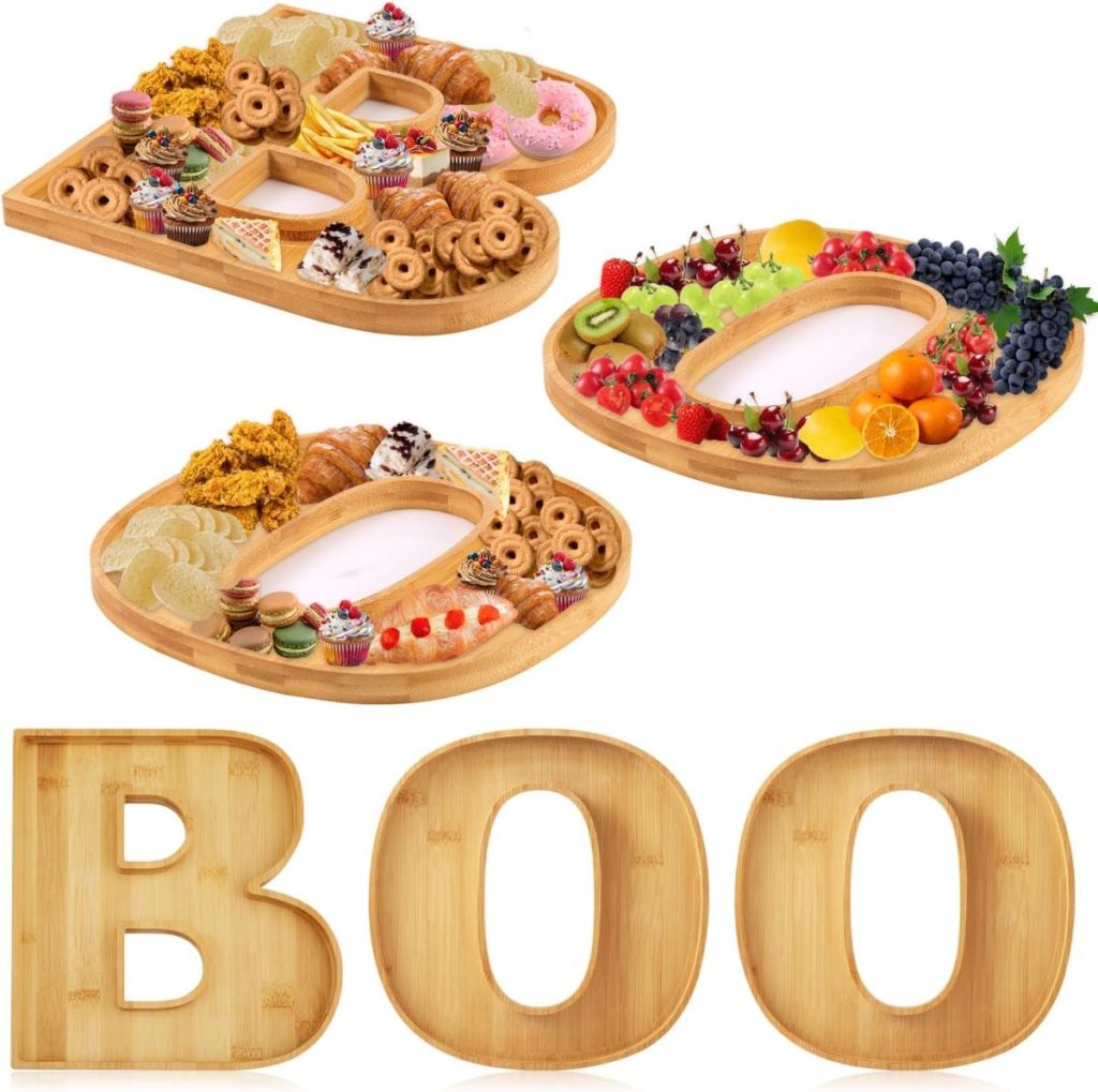 Three bamboo trays shaped as the letters "B" and "O," filled with assorted snacks, fruits, and desserts. Perfect for the holiday season, these trays spell out "BOO" and are displayed with and without food.