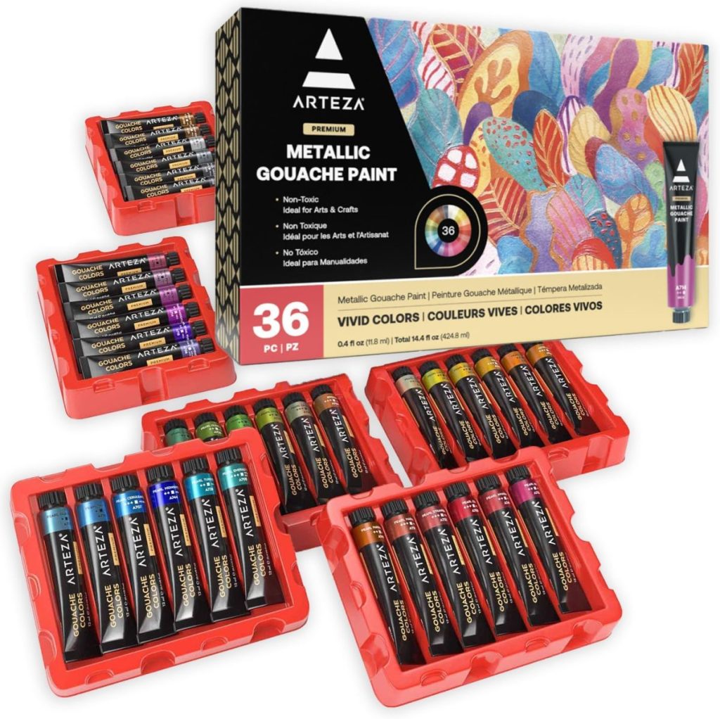 A boxed set of 36 Arteza premium metallic gouache paint tubes, arranged in red trays, with packaging displaying colorful artwork and product details.