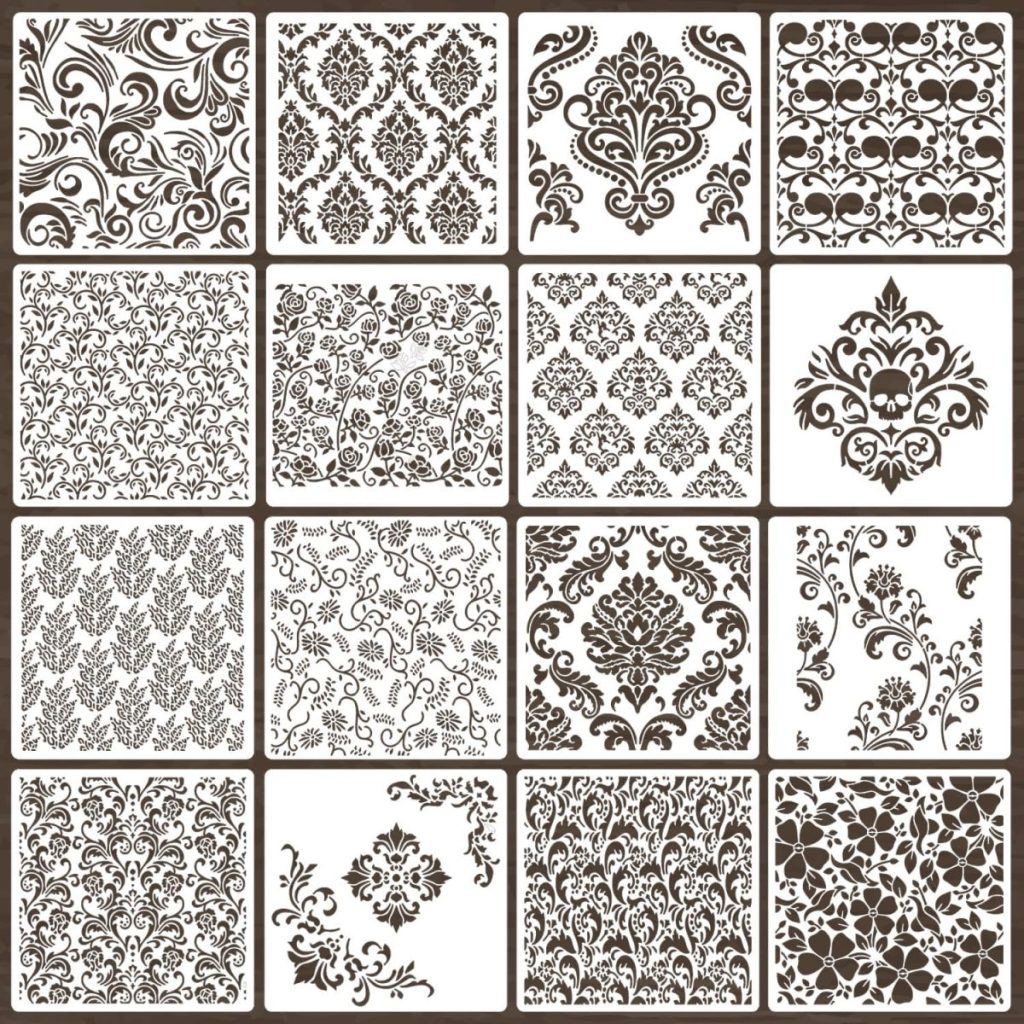 A grid of sixteen square tiles featuring different intricate floral and damask patterns in brown on a white background.