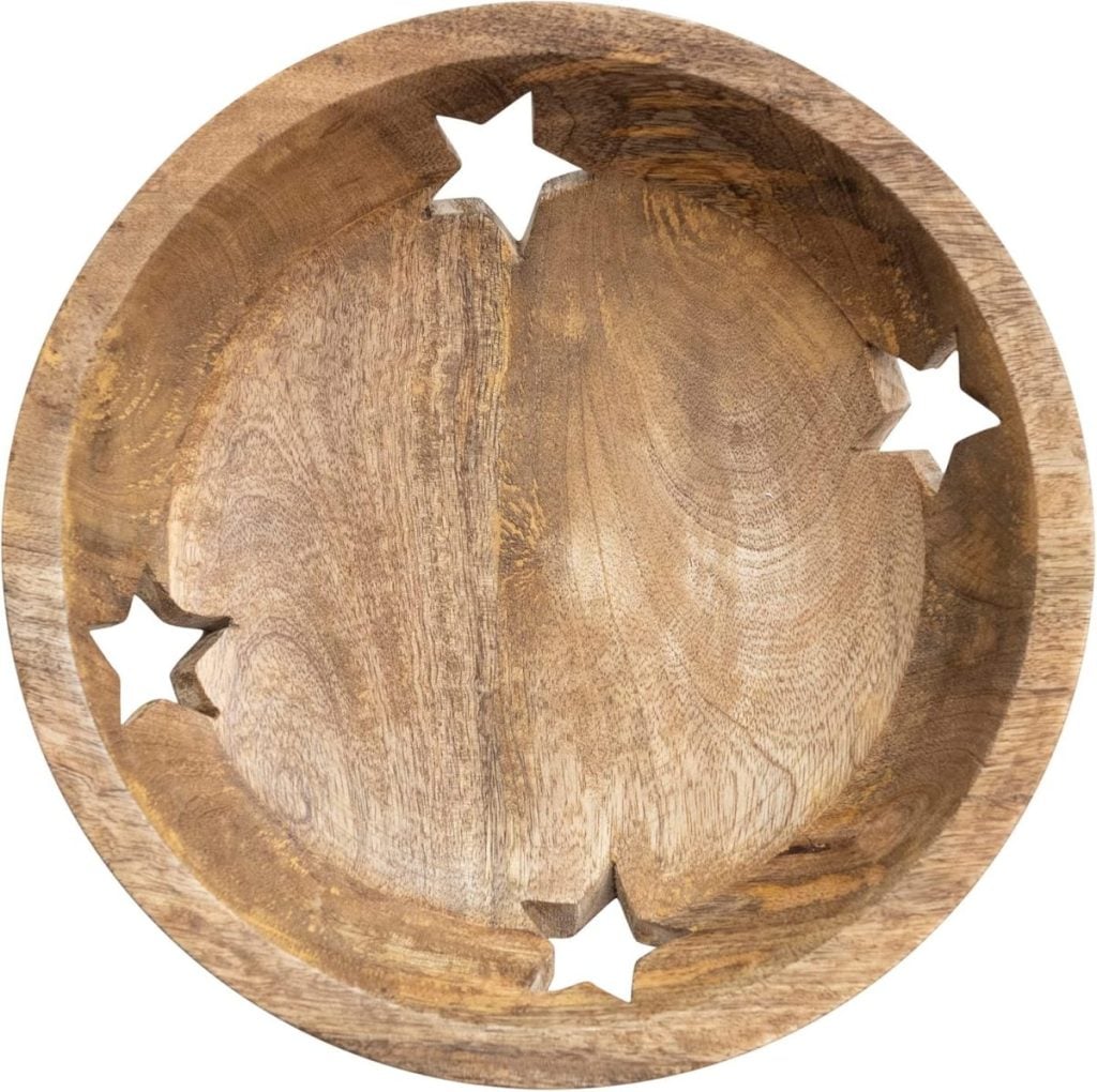 A round wooden bowl with four star-shaped cutouts evenly spaced along the sides, perfect for displaying glass ornaments or other decorative items.