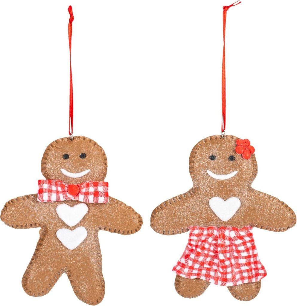 Two gingerbread person ornaments with white hearts, red and white checkered clothing, and red hanging loops, set against a white background.