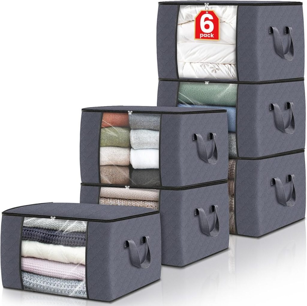Six gray fabric storage bins with handles, each filled with folded clothes or blankets, stacked in two columns on a white background—perfect for organizing your space during Amazon Prime Big Deal Days.