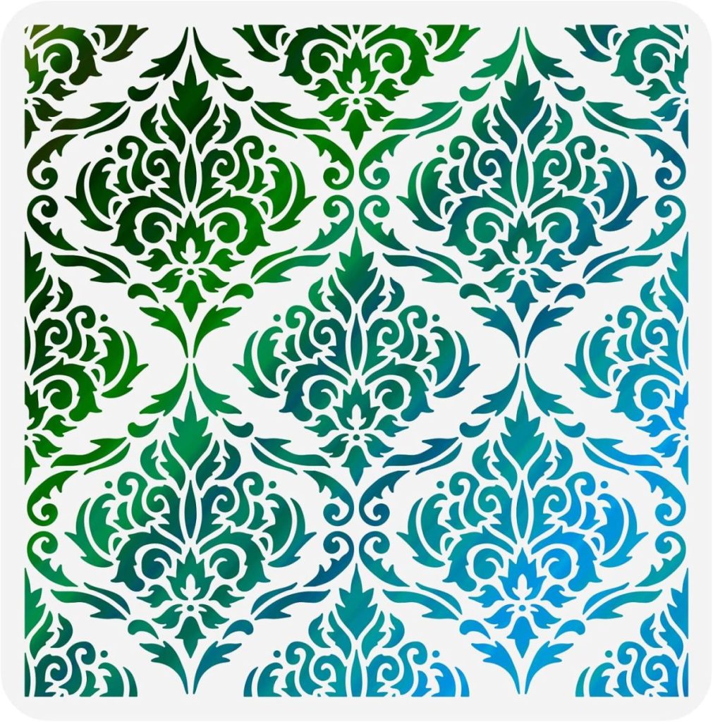 Intricate floral damask pattern in gradient shades of green and blue on a white background.