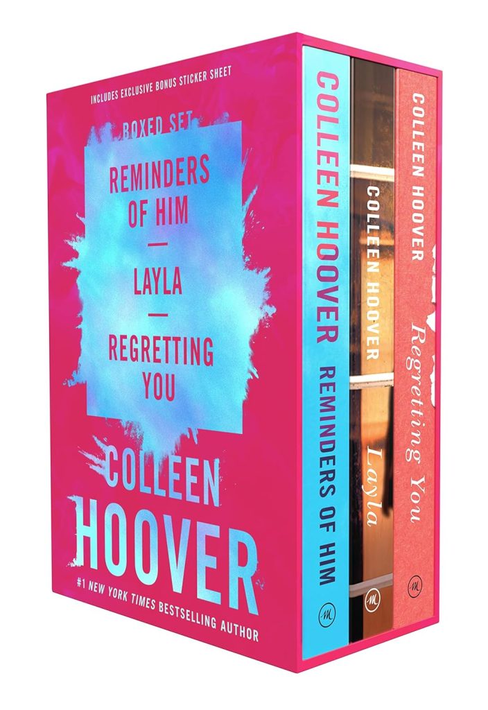 A boxed set of three Colleen Hoover books—Reminders of Him, Layla, and Regretting You—with a bright pink and blue cover design, perfect for Amazon Prime Big Deal Days.