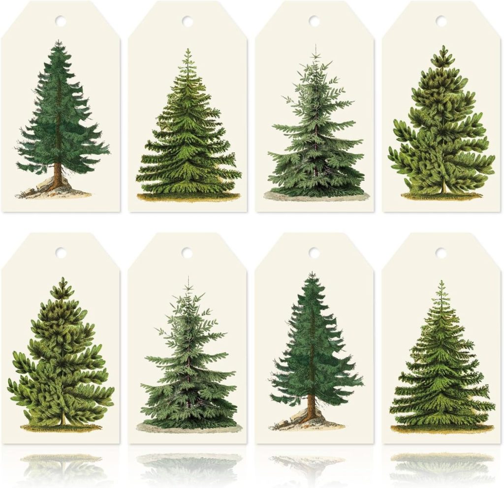 Eight illustrated evergreen trees, each decorating a separate gift tag with a hole at the top—perfect for pairing with glass ornaments—arranged in two rows of four against a white background.