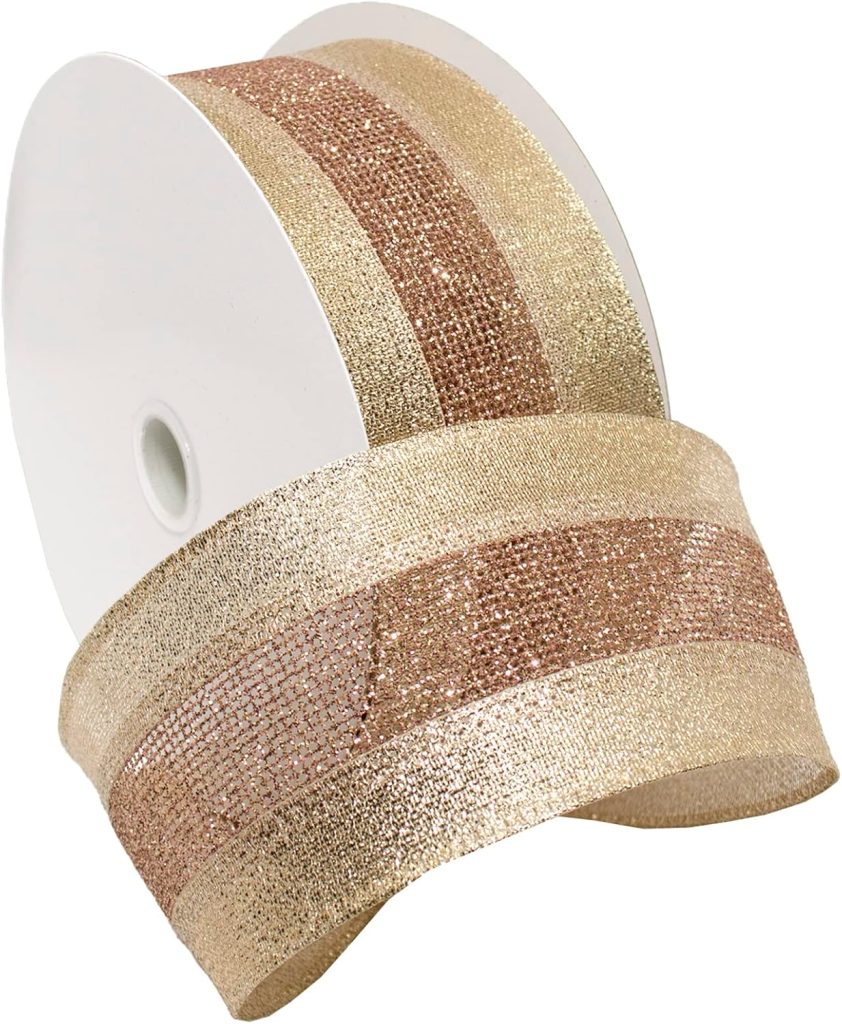 A spool of wide, metallic ribbon with a central rose gold stripe bordered by gold edges is shown.