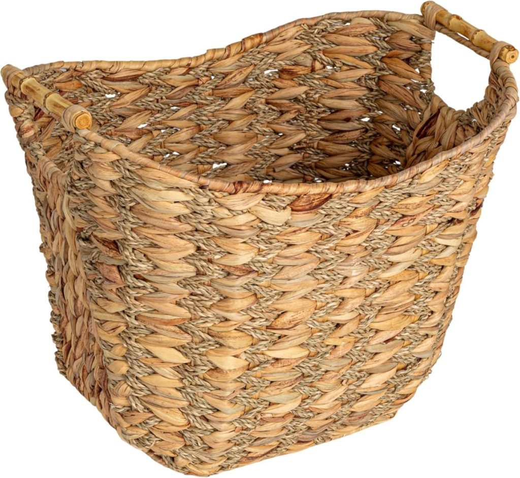 A woven rectangular basket with two short wooden handles, made from natural materials and displayed on a white background—perfect for organizing any space. Shop now and save during Amazon Prime Big Deal Days.