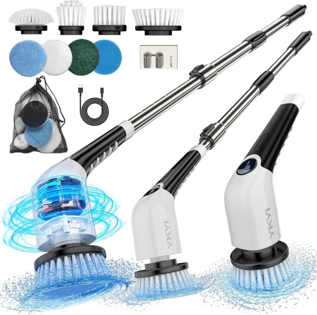 Electric spin scrubber cleaning kit with various detachable brush heads, extension rods, charger, storage bag, and accessories—now available on Amazon Prime Big Deal Days. Displayed on a white background.