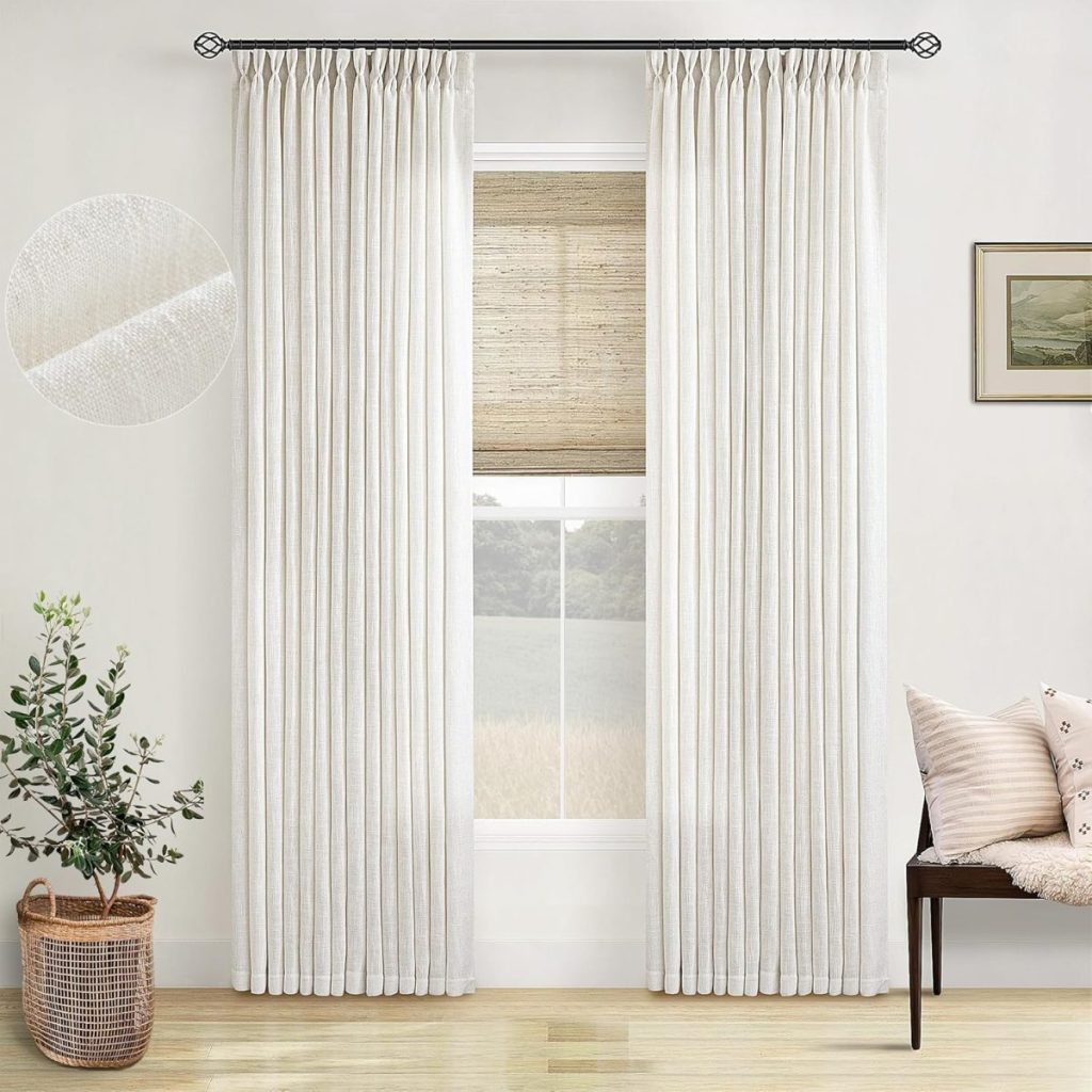 White pleated curtains hang on a window with a bamboo shade, next to a potted plant and a bench with pillows; a fabric close-up is shown in the corner—perfect for refreshing your space during Amazon Prime Big Deal Days.