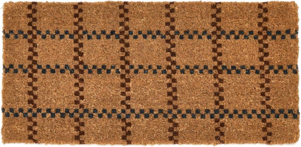 A rectangular brown coir doormat with a diagonal checkered pattern in dark brown and blue lines—an easy refresh for your entryway, just in time for Amazon Prime Big Deal Days.