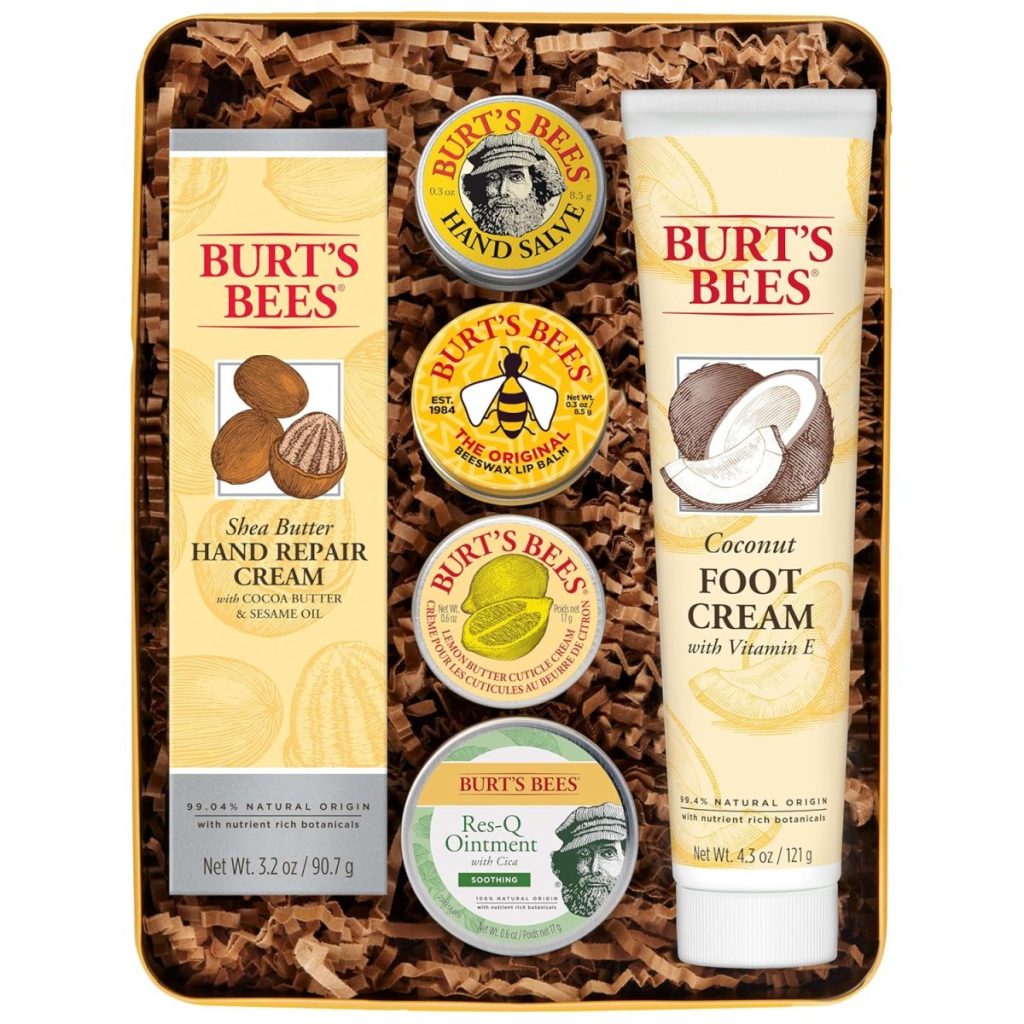 A Burt’s Bees gift set featuring hand repair cream, foot cream, Res-Q ointment, and three tins of hand salve and cuticle cream—all beautifully boxed with brown paper filler. Perfect for gifting during Amazon Prime Big Deal Days.