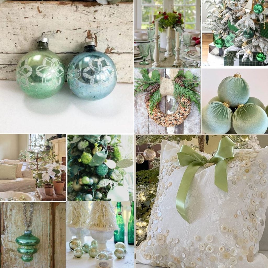 Collage of green and white Christmas decorations, including ornaments, wreaths, table settings, a pillow with a green ribbon, and festive arrangements in various home settings.
