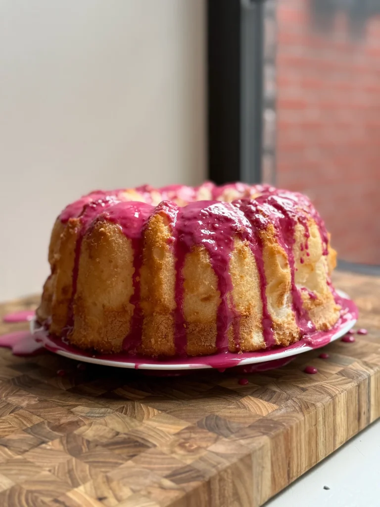 A bundt cake with pink icing drips sits on a white plate atop a wooden surface, with a window and brick wall in the background.