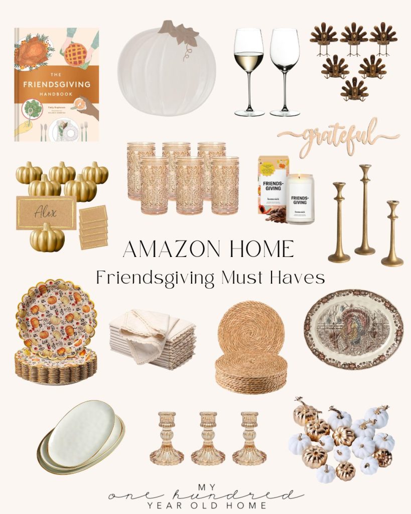 A collage of Friendsgiving-themed home decor and tableware items, including glasses, plates, candles, napkins, pumpkins, and a Friendsgiving Handbook, labeled "Amazon Home Friendsgiving Must Haves.