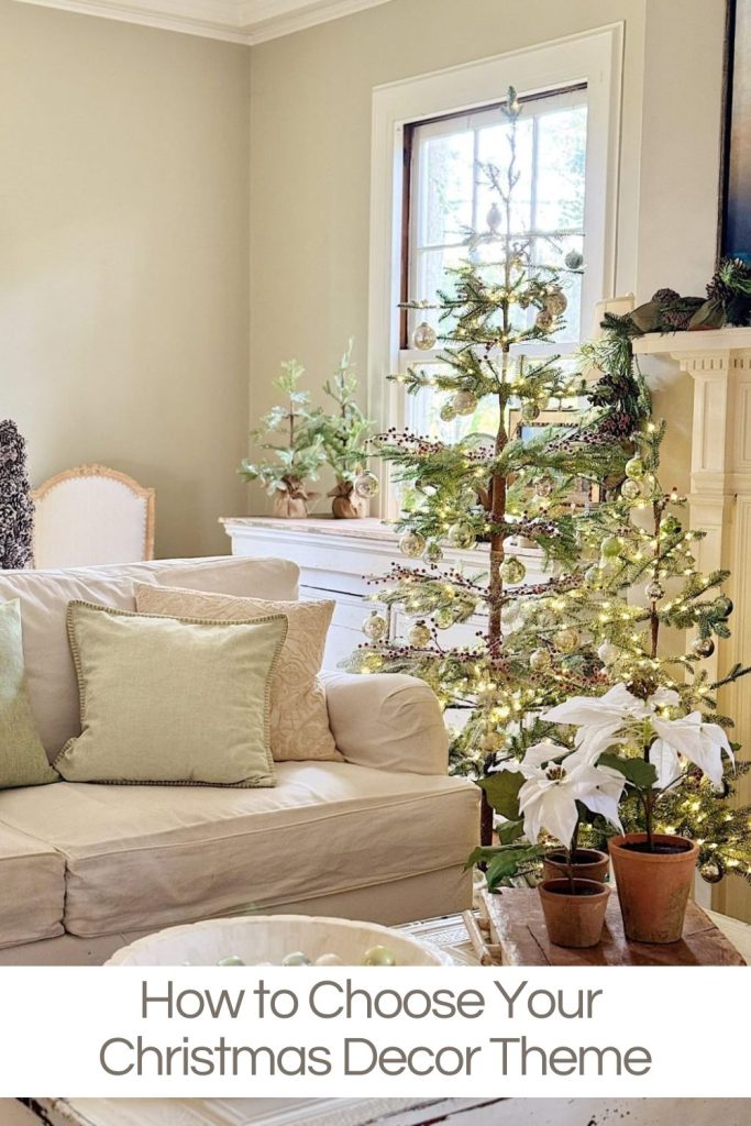 A living room with neutral decor features a lit Christmas tree, potted plants, and soft green accents. The text on the image reads, "How to Choose Your Christmas Decor Theme.