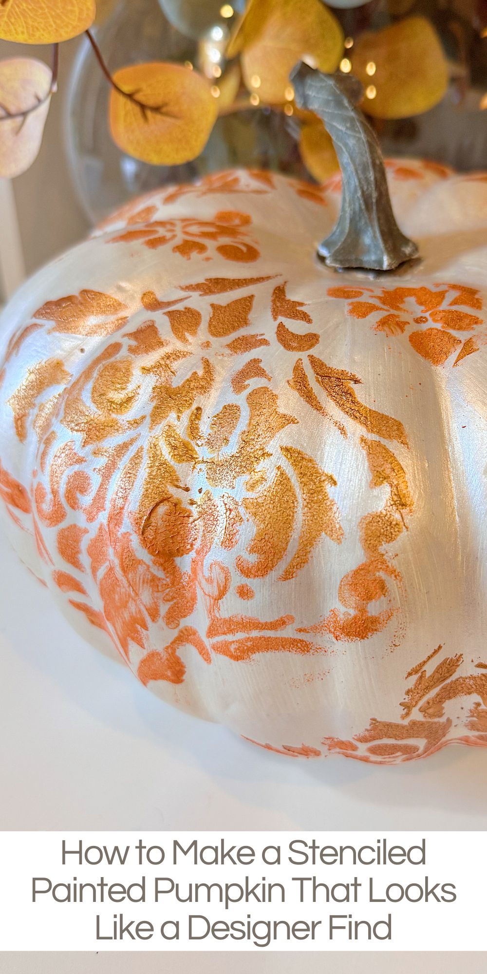 I love taking something inexpensive and transforming it into a piece that looks like it came from a high-end store. That’s precisely what happened with this stenciled painted pumpkin project.