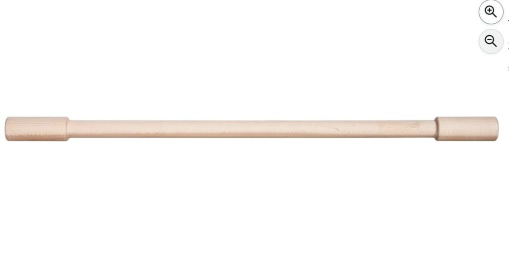 A wooden dowel rod with thicker handles at both ends, displayed horizontally on a white background.