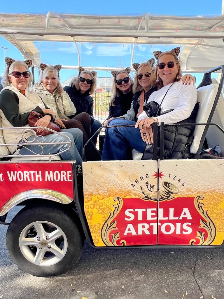 Six women wearing animal ear headbands sit together in a decorated open vehicle with a Stella Artois advertisement on the side.