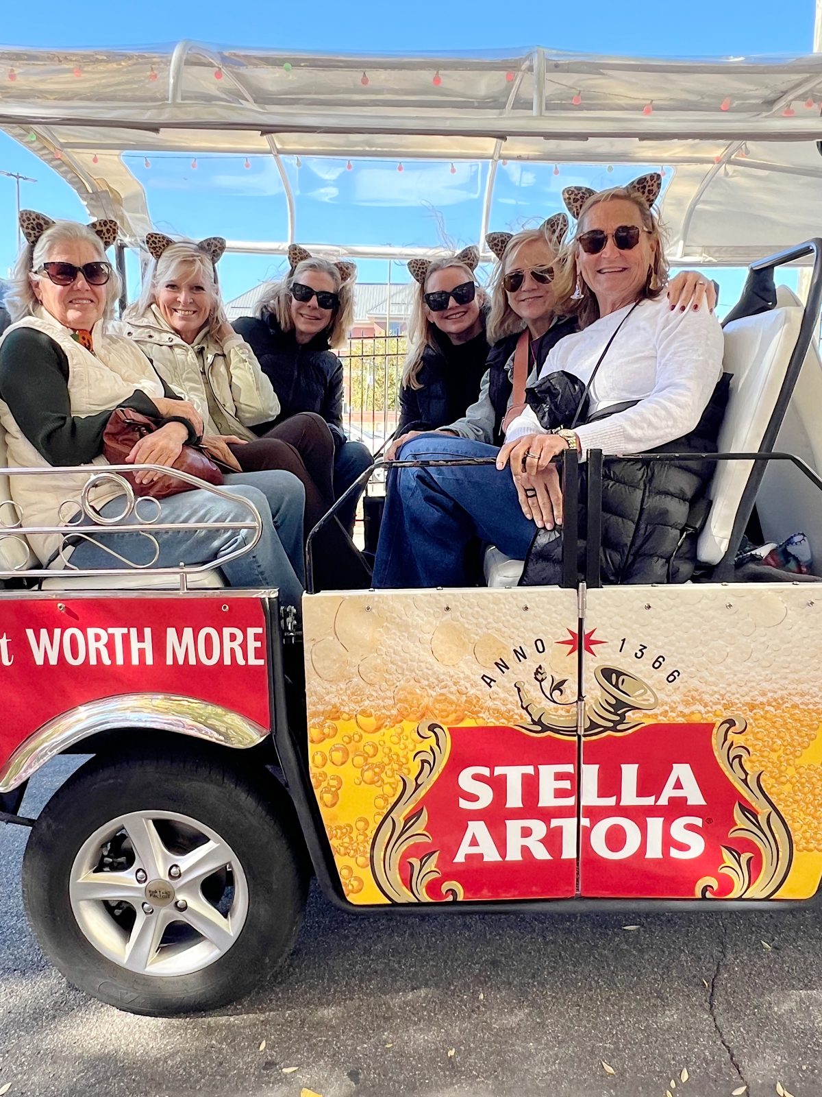 Six women wearing animal ear headbands sit together in a decorated open vehicle with a Stella Artois advertisement on the side.