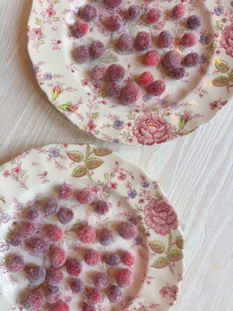 Two floral-patterned plates on a light wooden surface, each with a layer of red berries coated in granulated sugar.