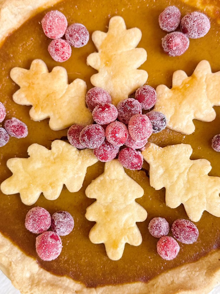 A pumpkin pie topped with frosted cranberries and decorative pie crust cutouts shaped like leaves and trees.