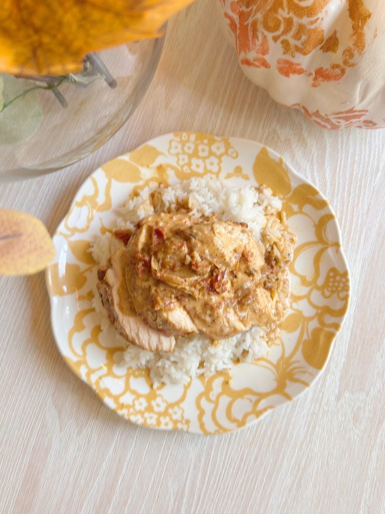 A plate of white rice topped with a creamy chicken dish, served on a yellow and white floral-patterned plate on a light-colored table.