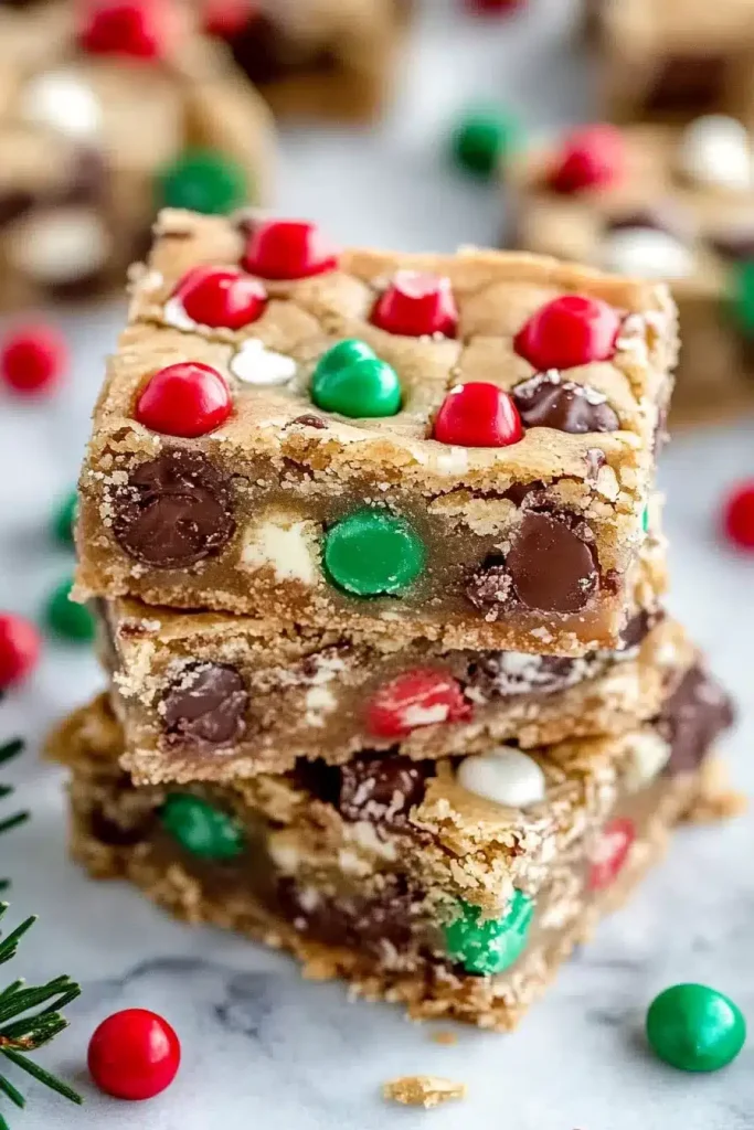 Three stacked cookie bars with red, green, white, and brown chocolate candies on a marble surface, with holiday-themed decorations in the background.