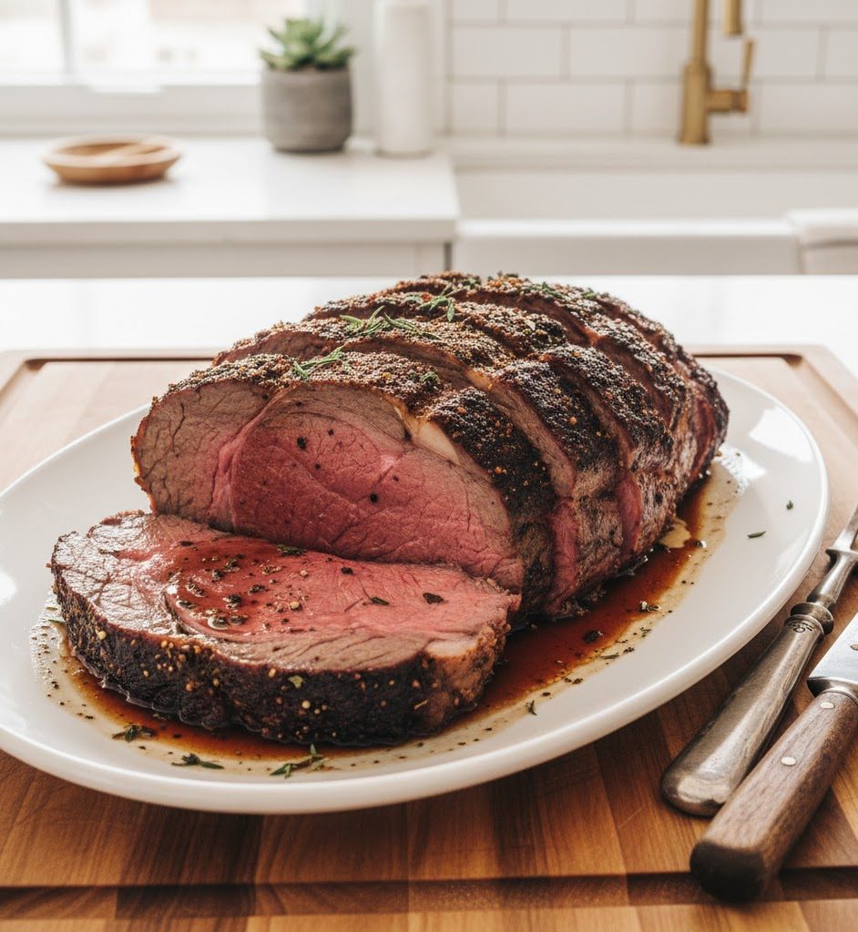 A sliced roast beef with a seasoned crust is served on a white platter, with juices pooling around it and utensils placed beside the dish on a wooden board.