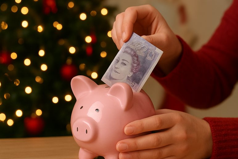 A person inserts a £20 note into a pink piggy bank, with a decorated and lit Christmas tree in the background.