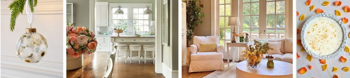 Four images: a decorative glass ornament, a kitchen with flowers on the counter, a living room with white furniture, and a bowl of soup with scattered toppings.