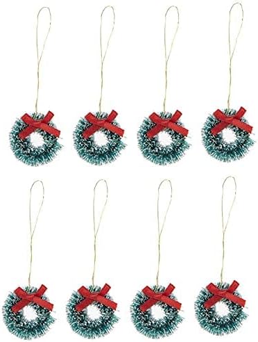 Eight small Christmas wreath ornaments with red bows and gold hanging loops arranged in two rows on a white background.