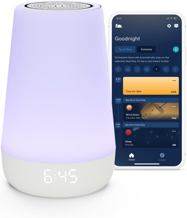 A digital clock and night light with a glowing display is shown next to a smartphone displaying a sleep and alarm schedule app.