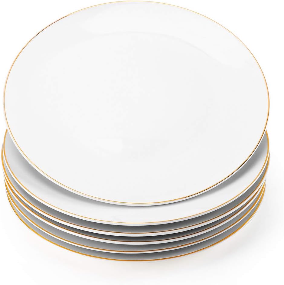 A stack of seven white ceramic plates with thin gold rims is arranged neatly against a plain background, reminiscent of elegant table settings adorned with Mercury Glass Ornaments.