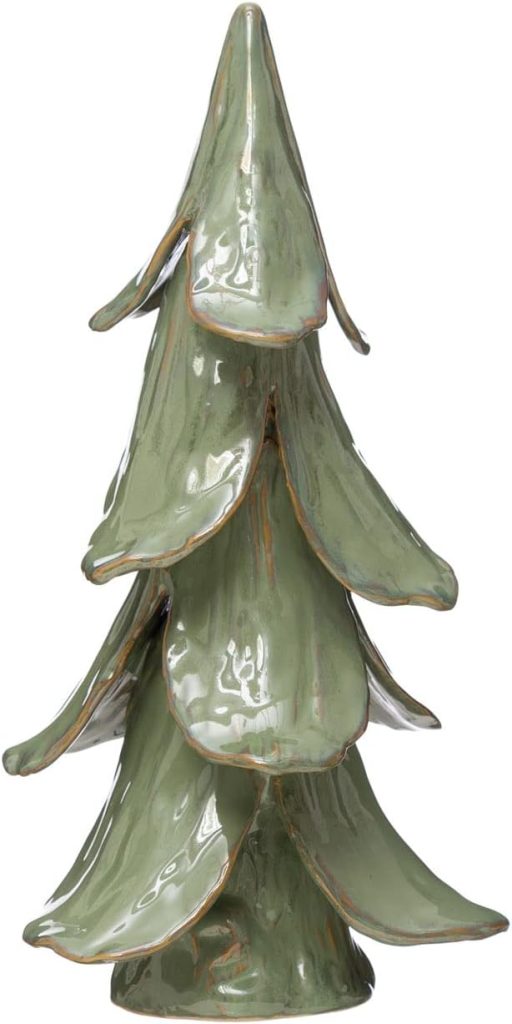 A ceramic sculpture of a stylized evergreen tree with layered, glossy green branches and a pointed top.