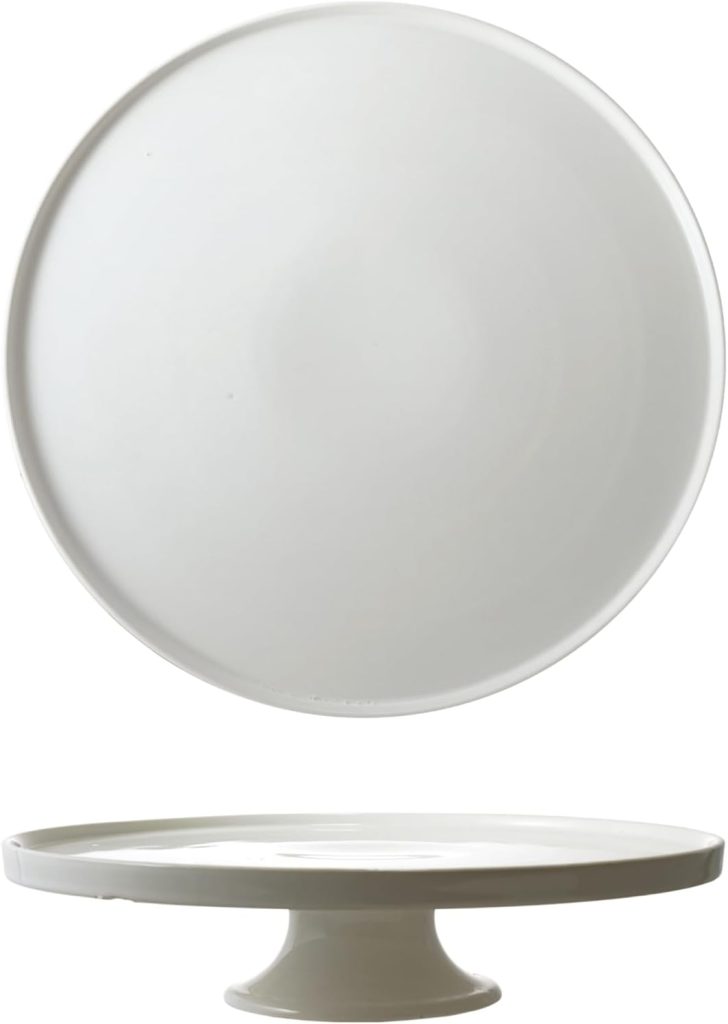 A plain white ceramic cake stand shown from a top view and a side view.
