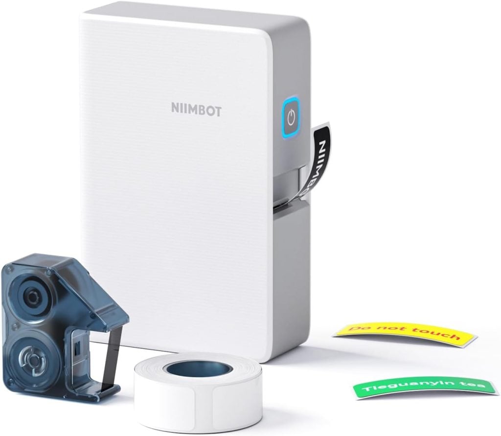 A NIIMBOT label maker with a power button, a roll of label tape, a tape cartridge, and two printed sample labels reading "Do not touch" and "Tieguanyin tea" are shown.