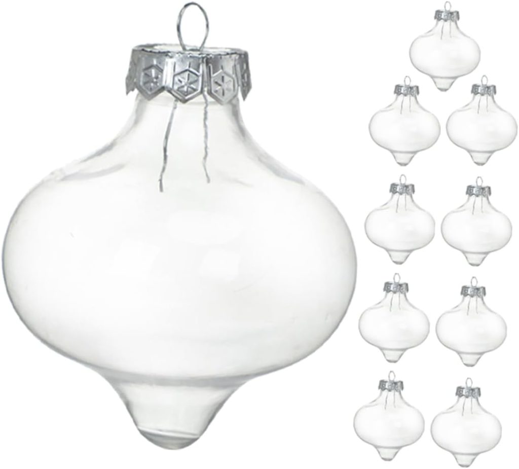 A set of clear, empty glass Christmas ornaments with silver tops, shown in a group and as a close-up of a single ornament—perfect as a festive hostess gift.