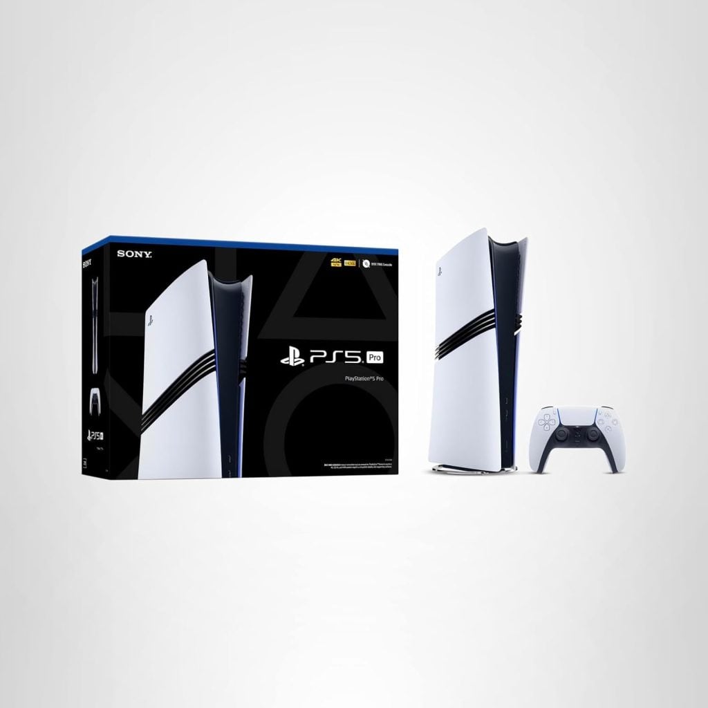 A PlayStation 5 Pro console stands next to its packaging box and a white DualSense controller, all set against a plain white background.