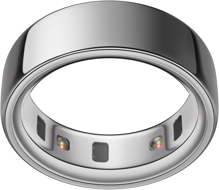Silver smart ring with internal sensors visible around the inner band, designed for tracking health and fitness metrics—a stylish and thoughtful hostess gift for wellness enthusiasts.