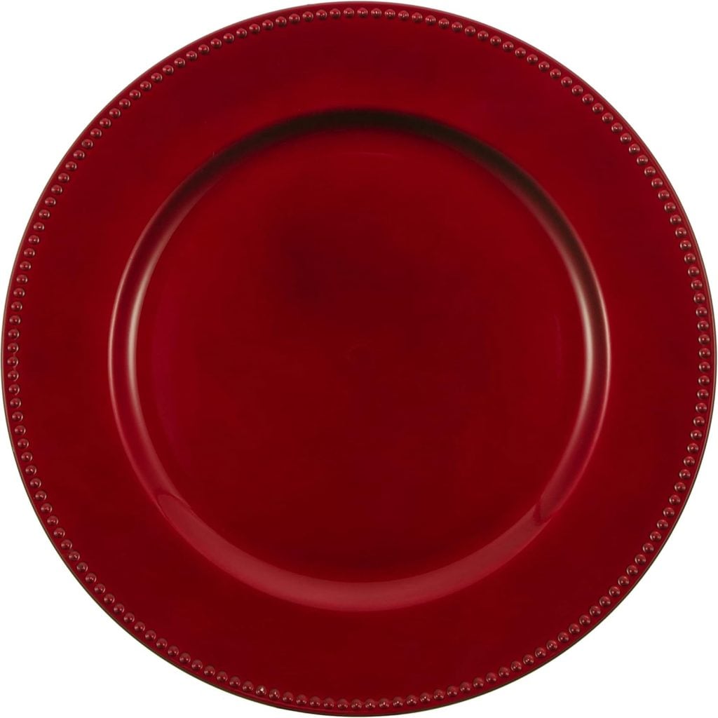 A round, plain red dinner plate with a beaded edge design, photographed from above against a white background.