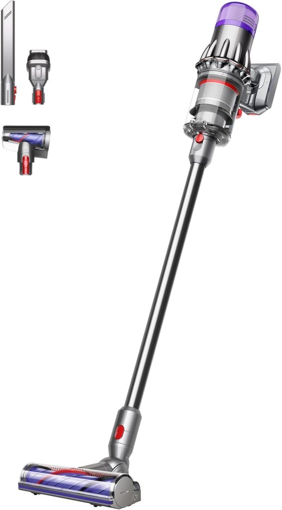 A cordless stick vacuum cleaner with a detachable handheld unit, shown with three different attachments for versatile cleaning—an ideal hostess gift for any home.