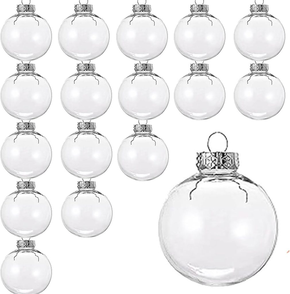 Seventeen clear glass Christmas ornament balls with metal caps arranged in rows, with one larger ornament featured at the bottom right.