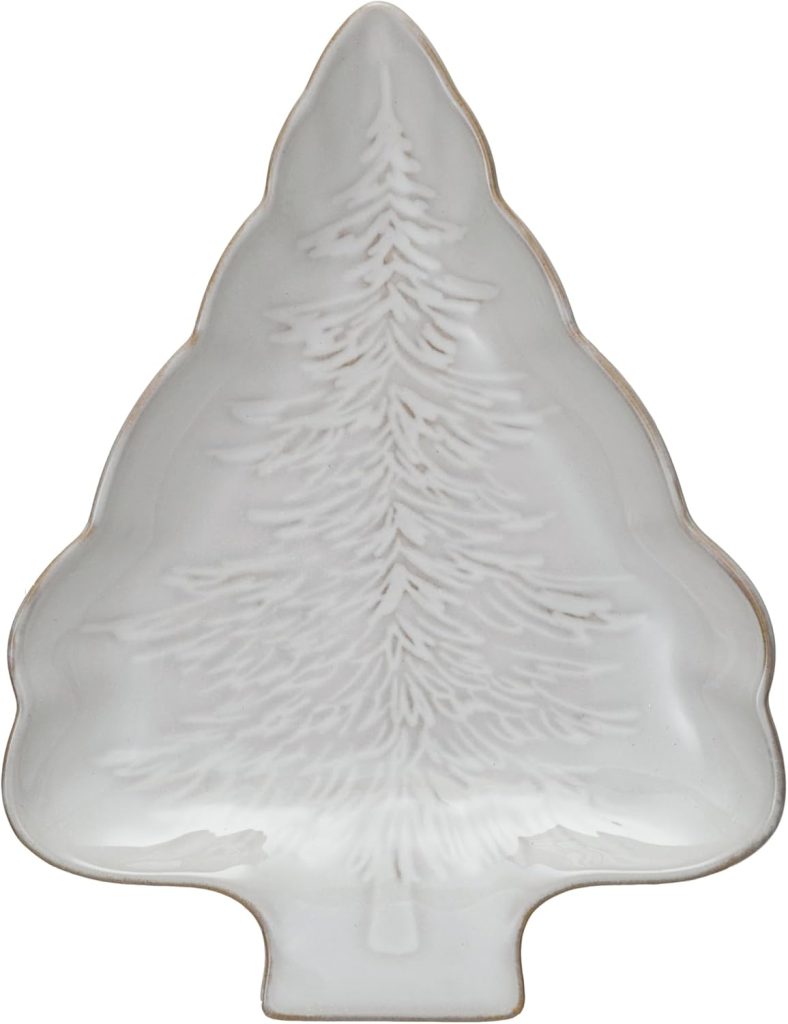 A ceramic plate shaped like a Christmas tree with a subtle tree pattern embossed in the center.