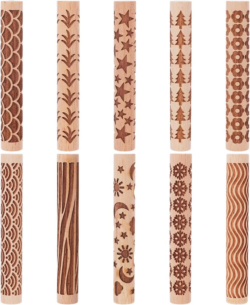 Eight wooden rolling pins are shown vertically, each engraved with a different repeating pattern including waves, leaves, stars, trees, circles, lines, moons, and snowflakes.