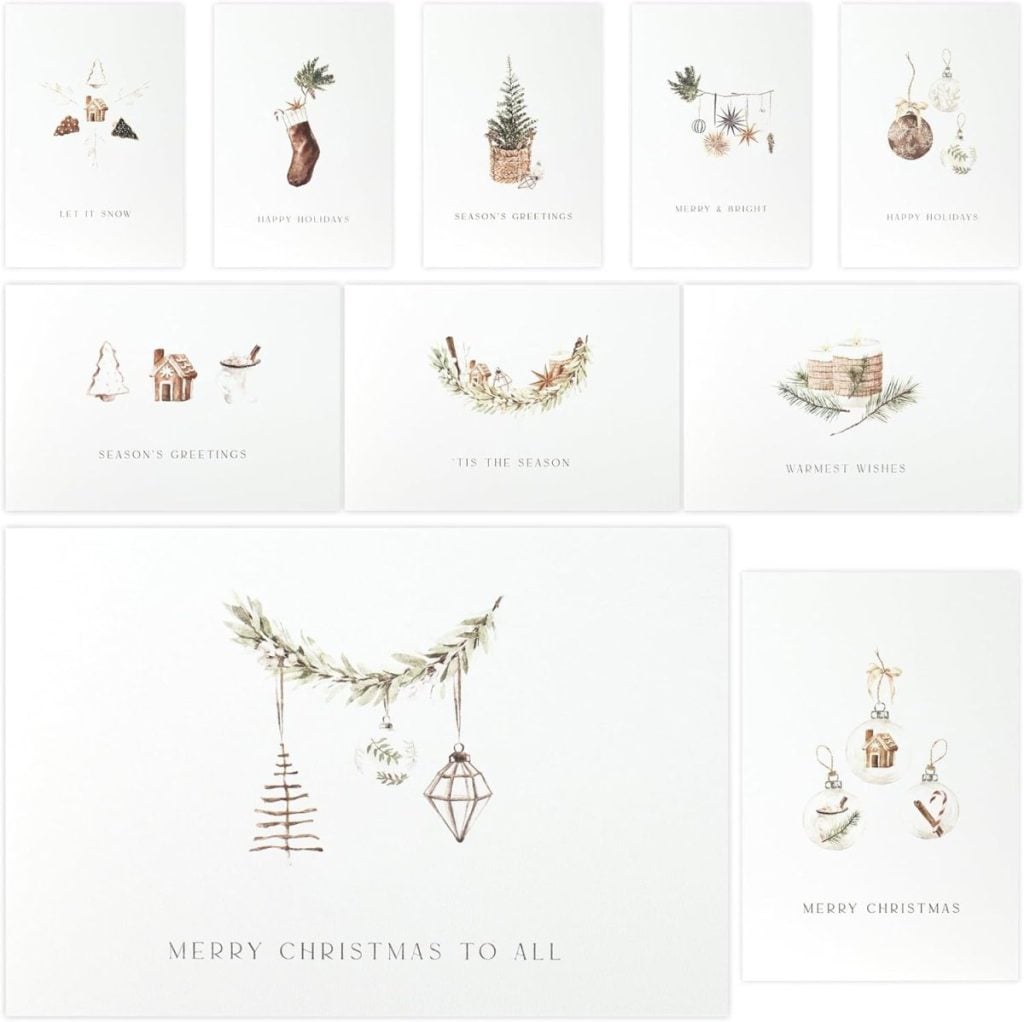 A collection of ten minimalist Christmas cards featuring simple holiday-themed illustrations and greetings on white backgrounds.