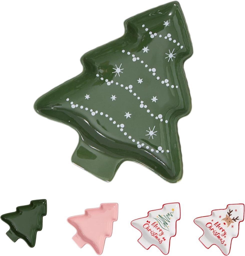 Set of four ceramic plates shaped like Christmas trees, featuring various colors and festive designs, including green, pink, and white with "Merry Christmas" text.
