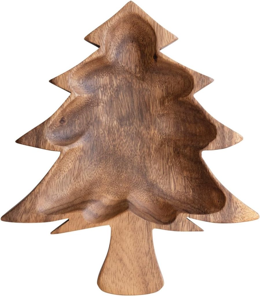 Wooden serving tray shaped like a Christmas tree, shown against a white background.