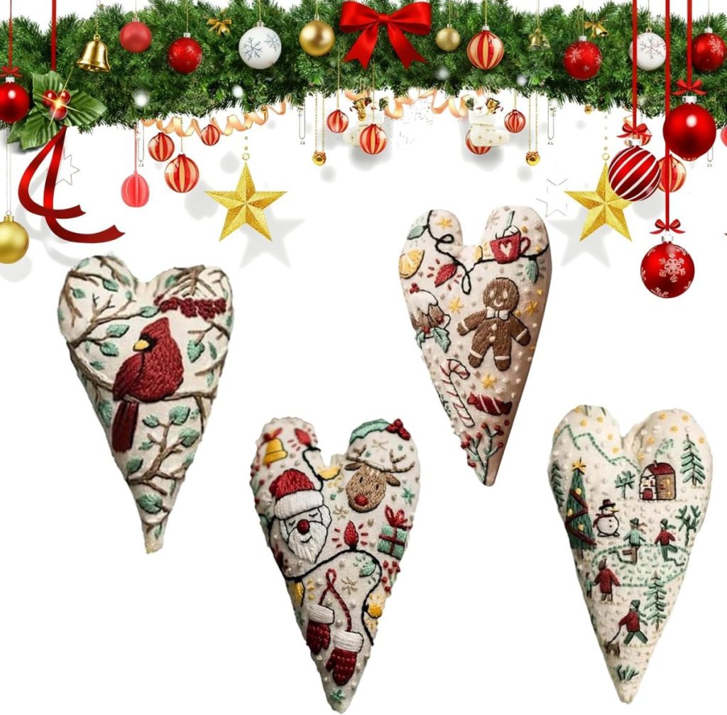 Four heart-shaped ornaments with embroidered Christmas designs are displayed below a decorated garland with ornaments, stars, and a red bow.