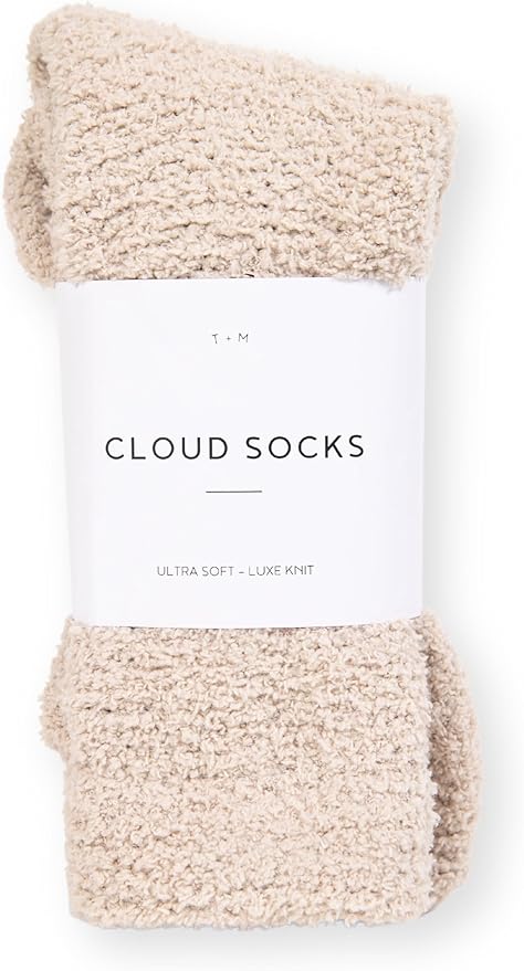 Beige, textured socks labeled "Cloud Socks" with "Ultra Soft – Luxe Knit" printed on white packaging.